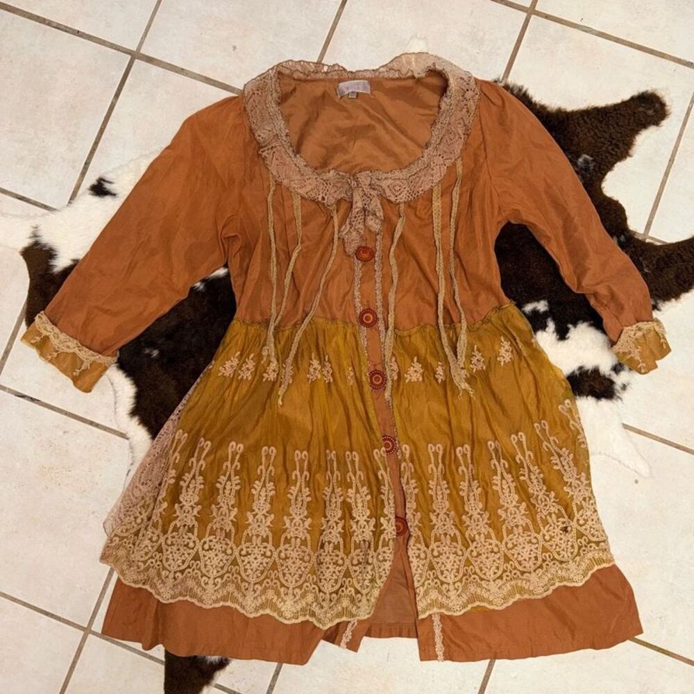 Pretty Angel Rust Terracotta Lace Overlay Tunic Dress Crochet Trim XL